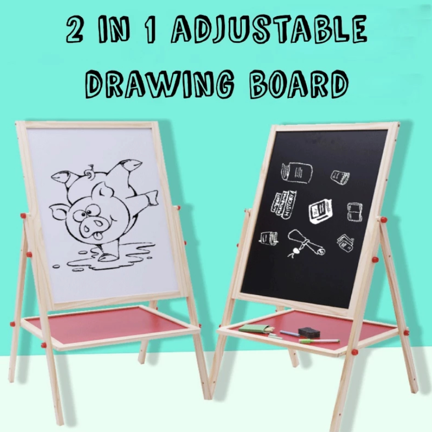 2 In 1 Wooden Blackboard Whiteboard Double Sided Adjustable Magnetic ...