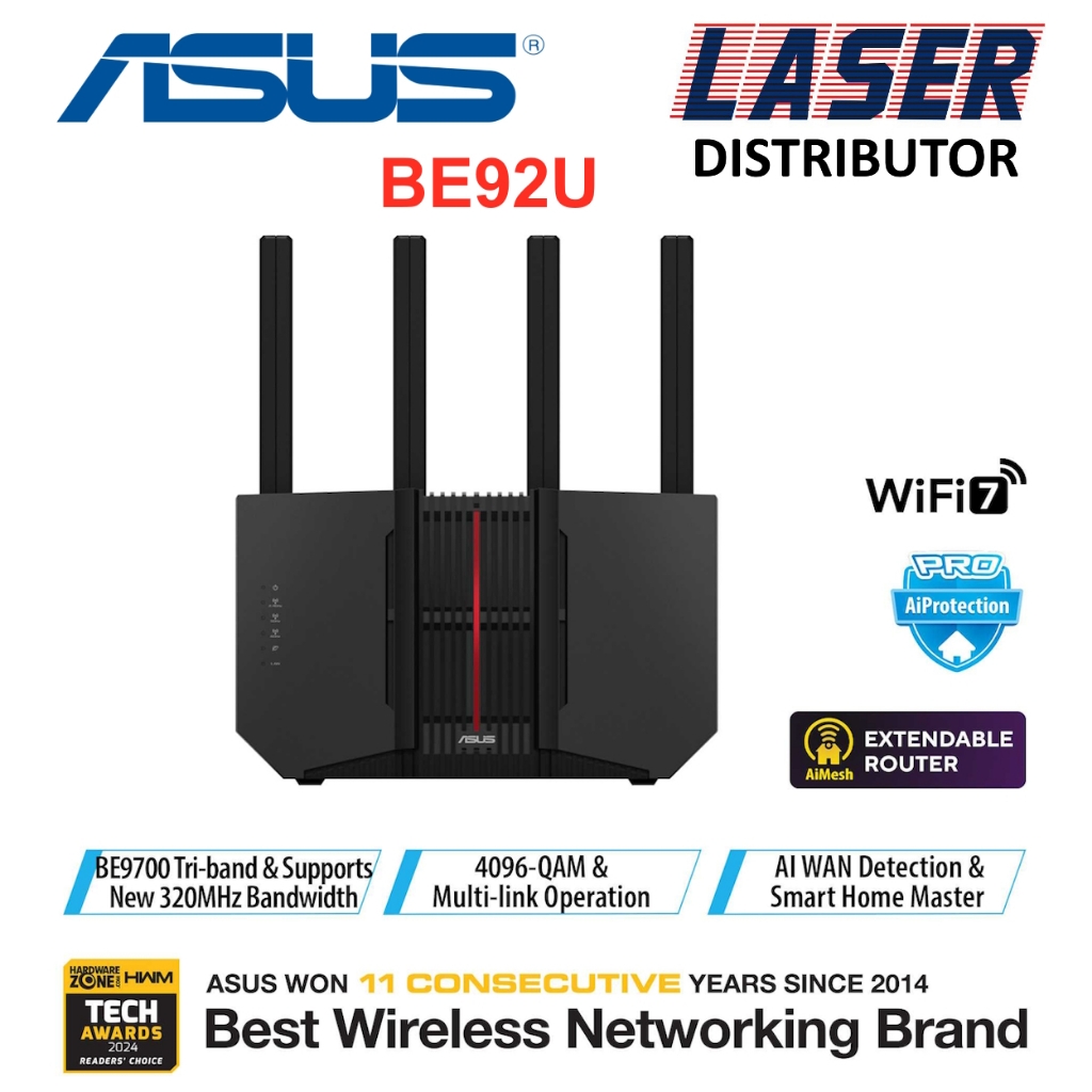 ASUS RT-BE92U BE9700 Tri-band WiFi 7 Router, & 4096-QAM, Multi-link ...