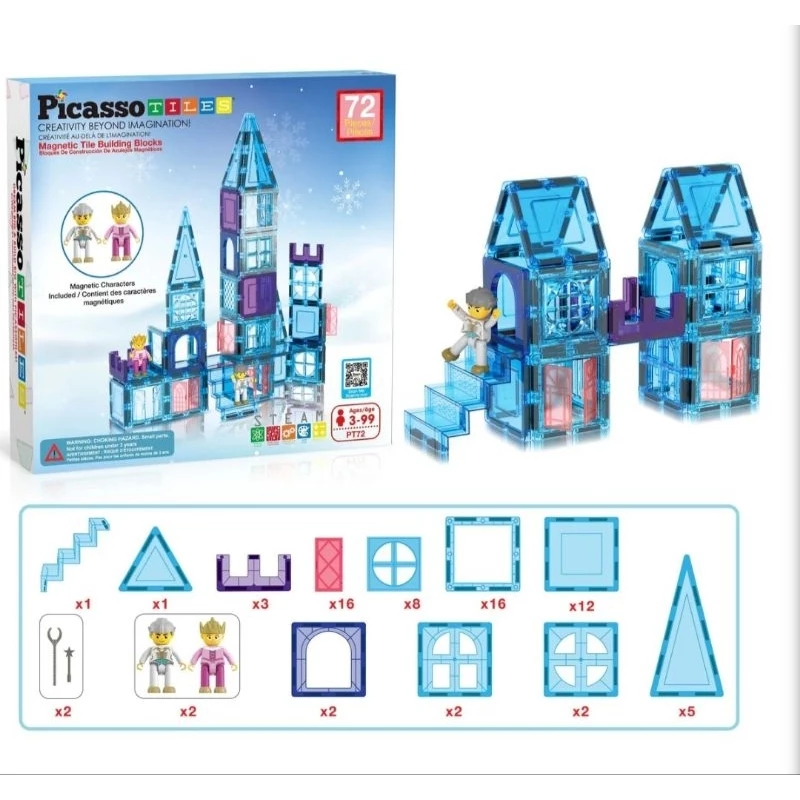 Picasso Tiles magnetic tiles 72pc Ice Castle Magnet Building Tiles with Characters - Winter-themed translucent blocks with interchangeable clip-ons