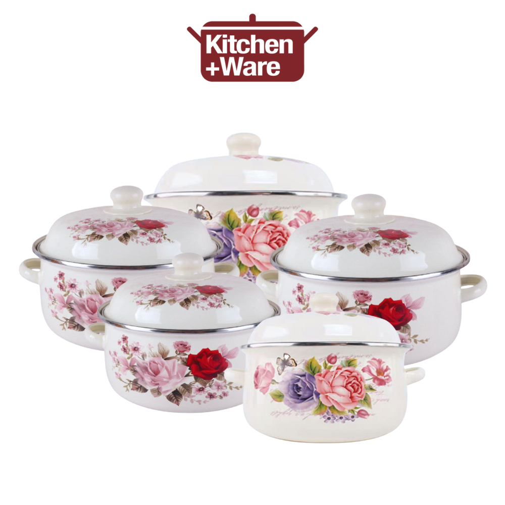 Floral Design Enamel Stock Pot with Lid and Handle (16cm/ 18cm/ 20cm ...