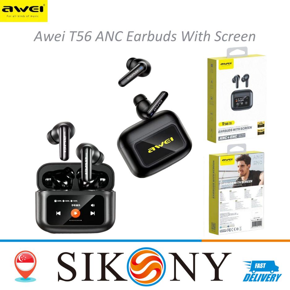 AWEI T56 ANC Large Color Screen Bluetooth Earphone -35dB EQ model ...