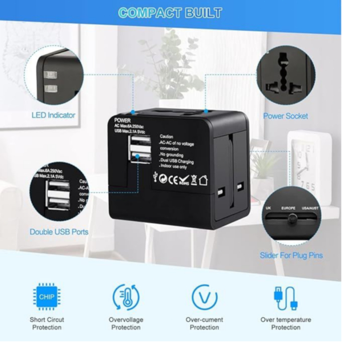 🌍 ️ Universal Travel Adapter: Dual USB + Type-C | 2.1A Fast Charging ...