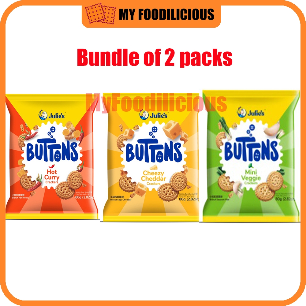 Julie's Buttons Crackers Cheezy Cheddar/Hot Curry/Mini Veggie 80g ...