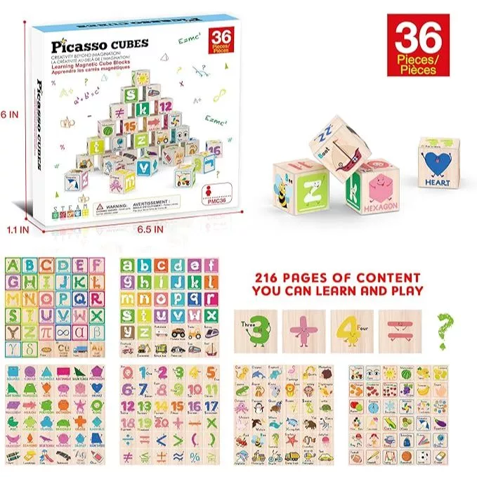 PicassoTiles Magnetic Cubes 36-Piece - Educational puzzle cubes with 216 patterns including letters, numbers, and geometric shapes