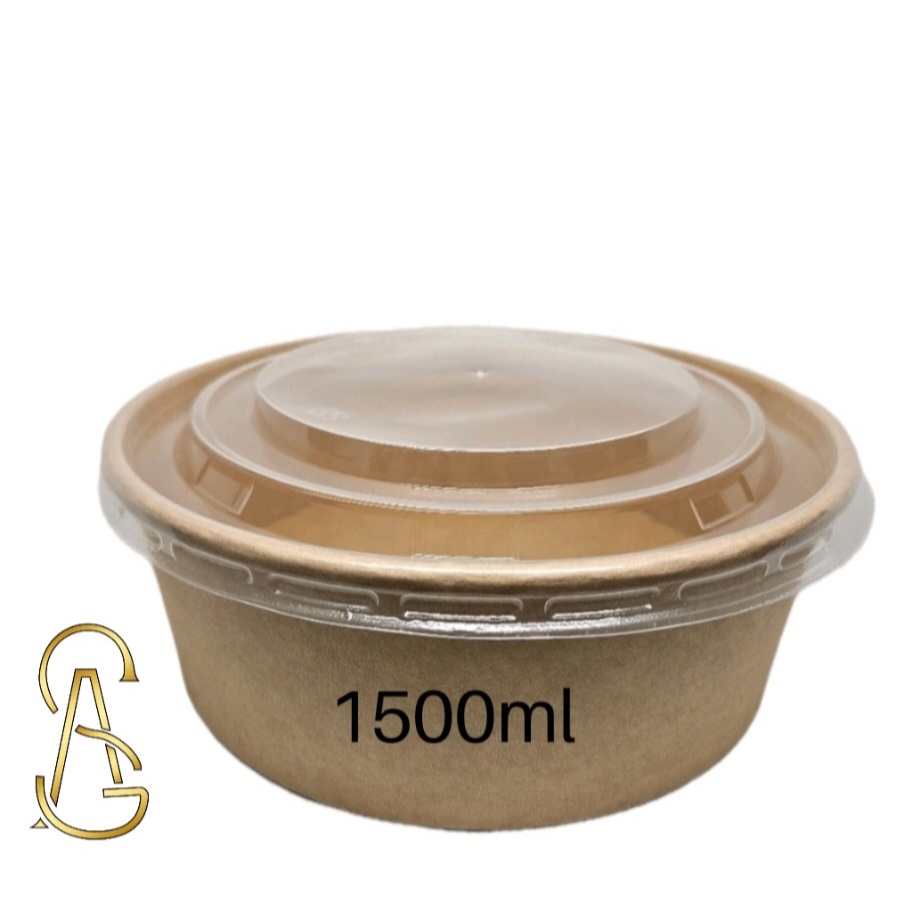 [Premium] 1500ml with PP Lid Kraft Paper Round Bowl Food Container ...