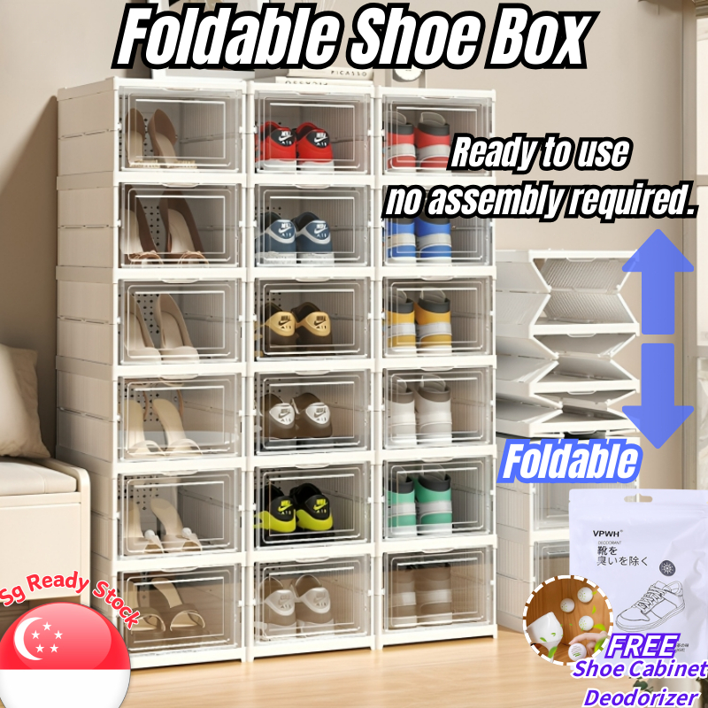 SG 24h Ship | Foldable Stackable Shoe Rack Transparent Cabinet with Lid ...