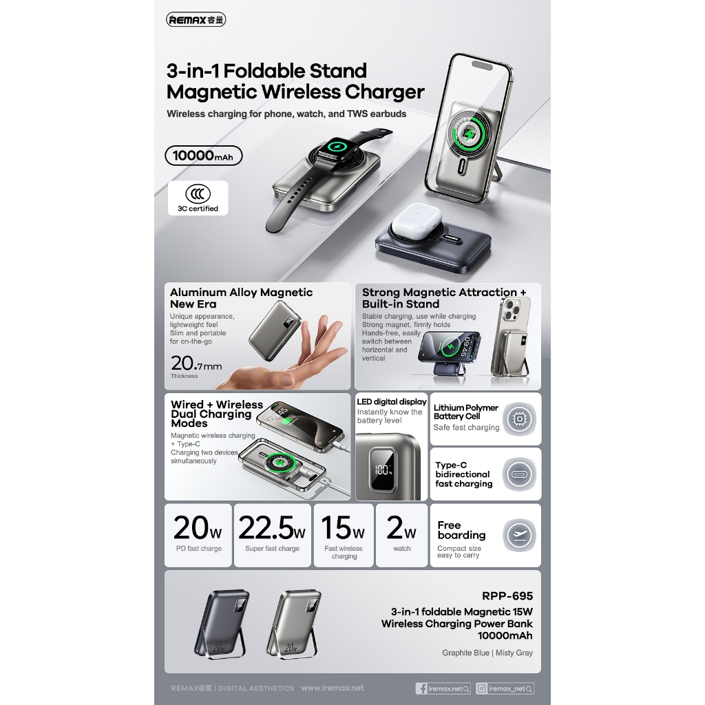 [3CCC] REMAX RPP-695 10000mAh 3 in 1 Foldable magnetic Wireless ...