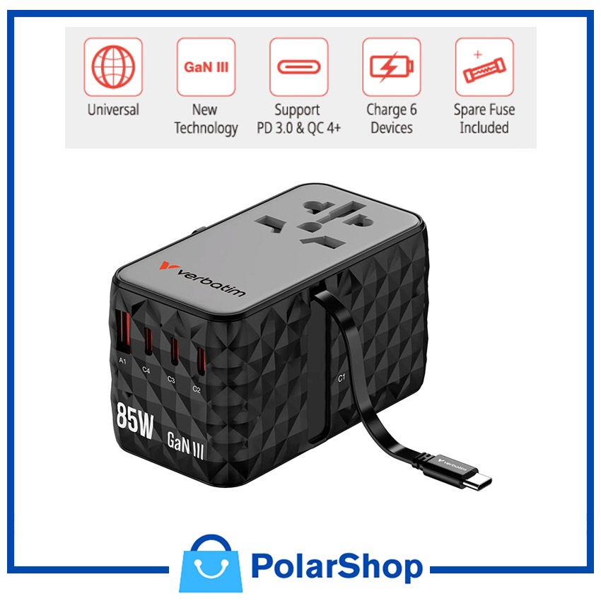 [Free Shipping] Verbatim 4 Port GaN III 85W Universal Travel Adapter ...