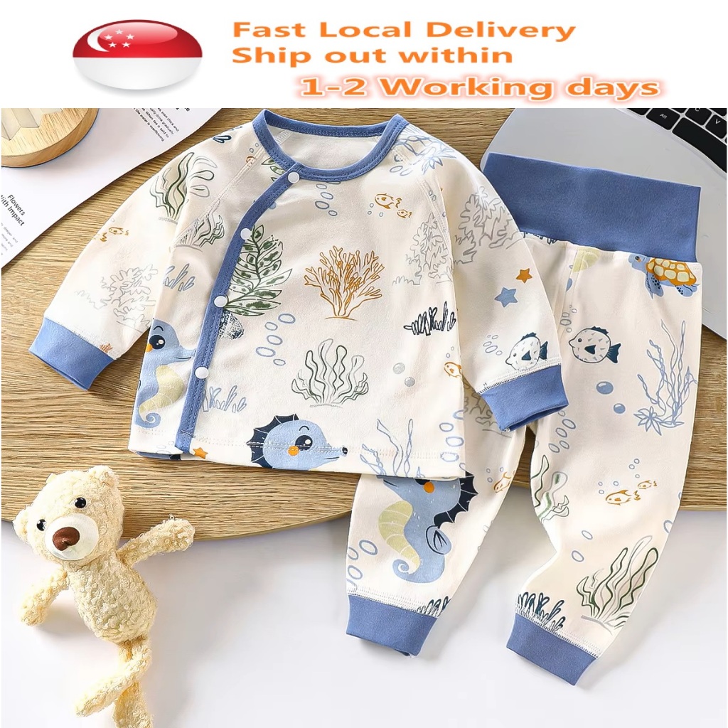 SG Stock Cute Printing Newborn Infant Solid Clothes Sets Long Sleeve ...