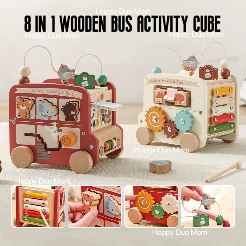 8 in 1 Multi Wooden Bus Montessori Activity Shape Sorting Xylophone ...