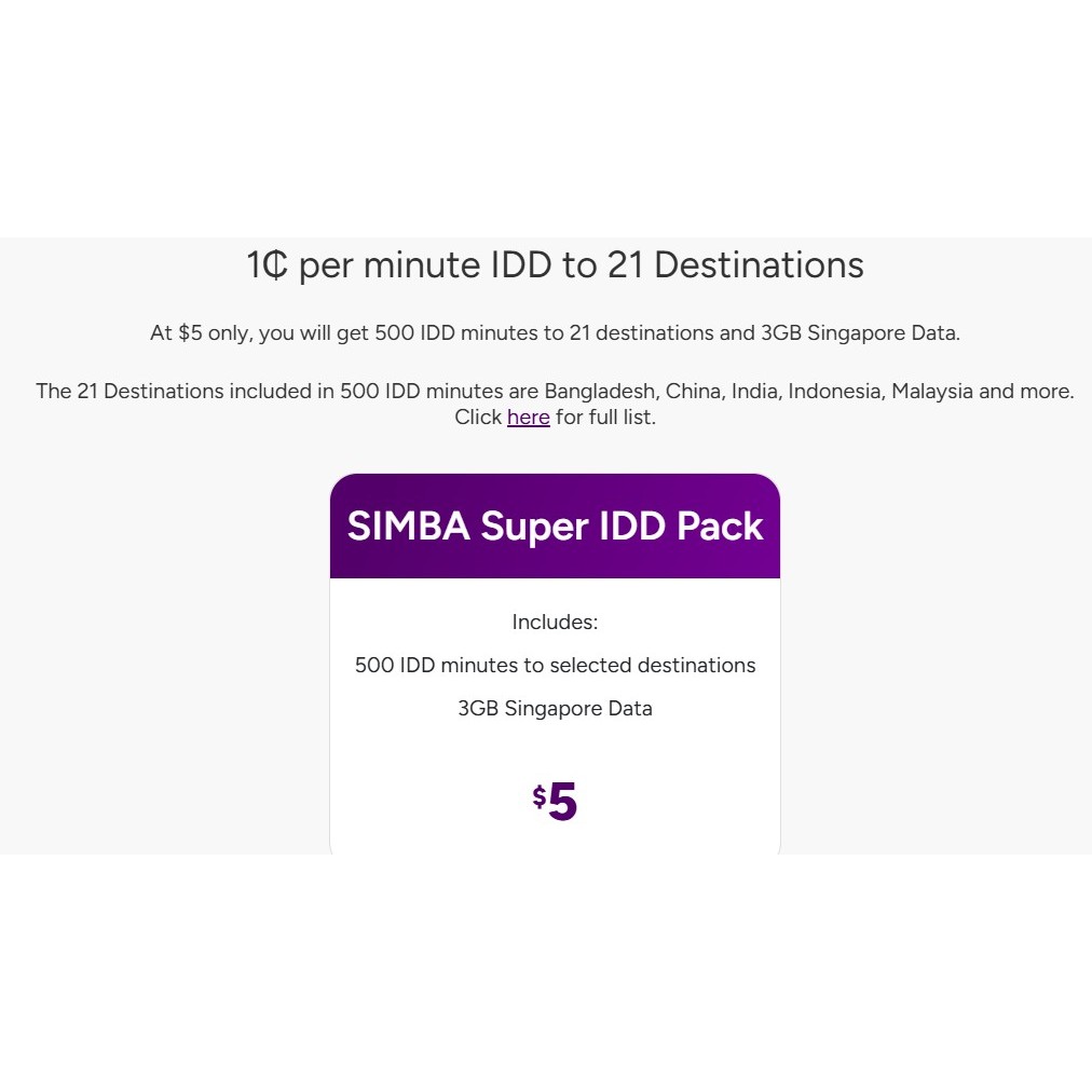 TPG / Simba Prepaid $5 Super IDD Pack Add-on 500 IDD Mins to 21 ...