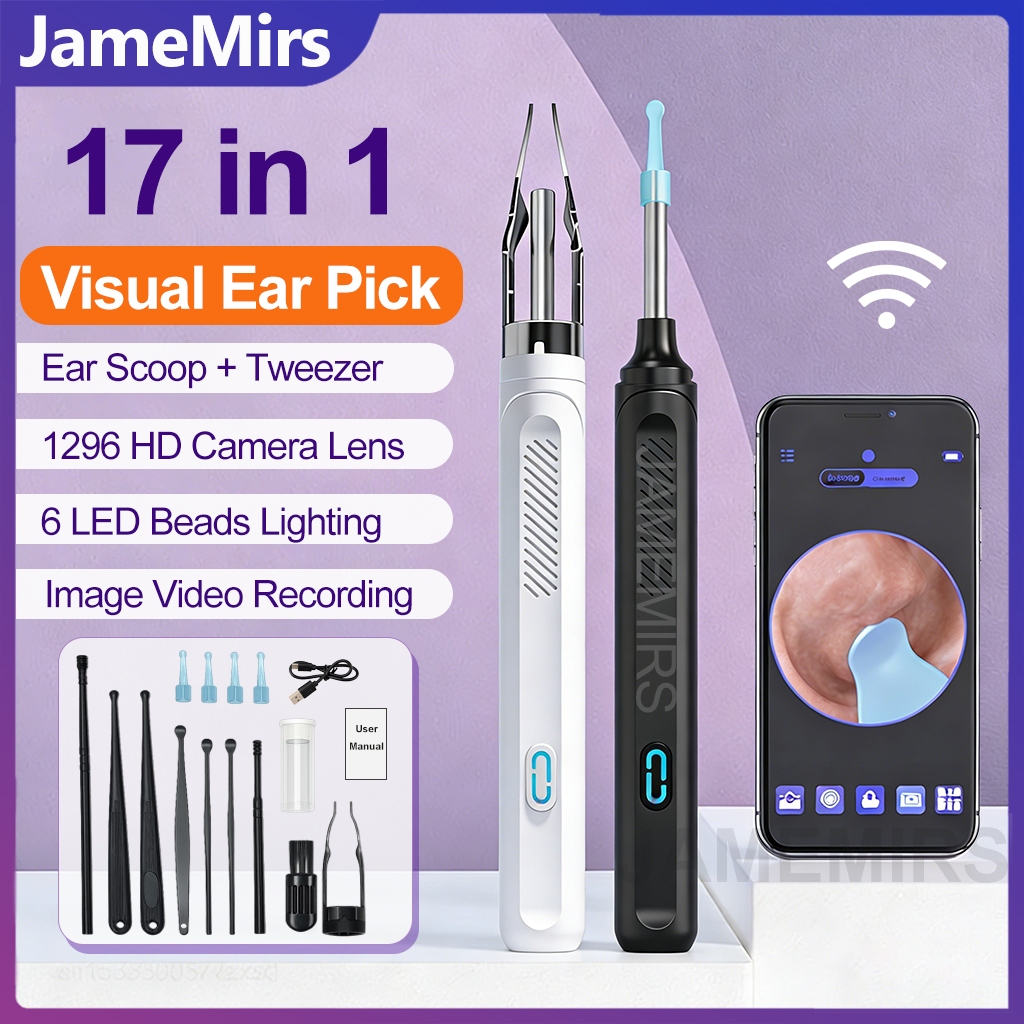 JameMirs 17in1 Visual Ear Pick Ear Scoop & Tweezer 1296P HD Ear Wax ...