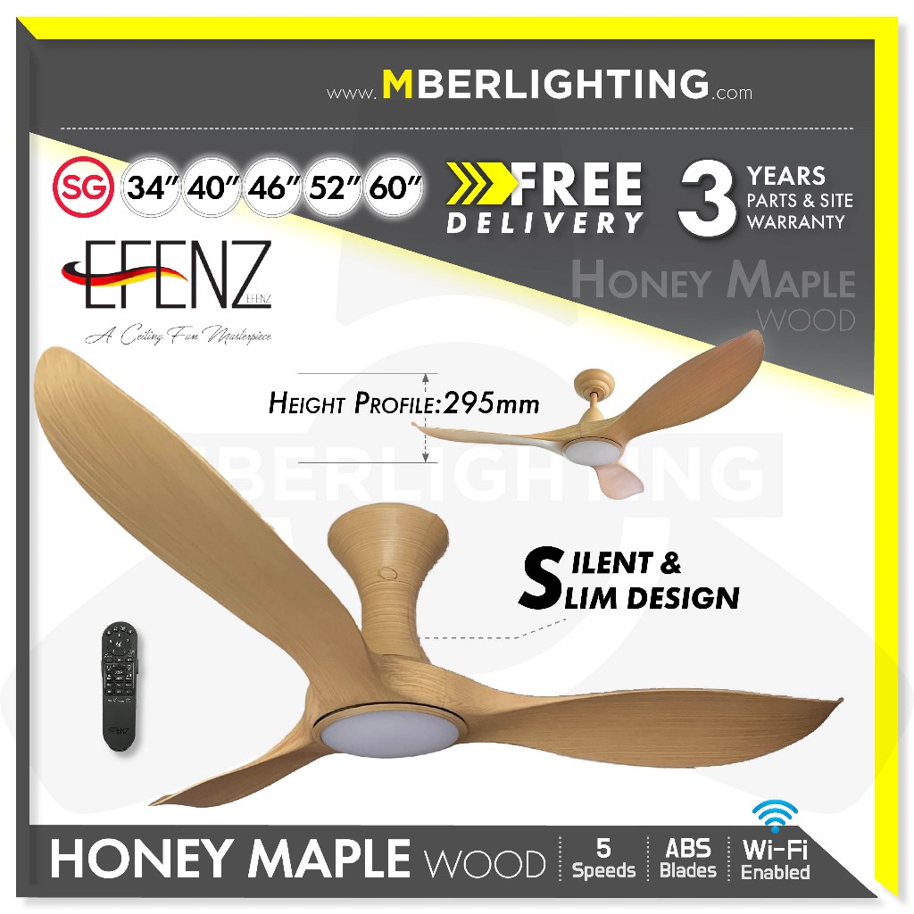 [Designer's Favourite] EFENZ Smart Ceiling Fan Honey Maple Wood, 34/40 ...