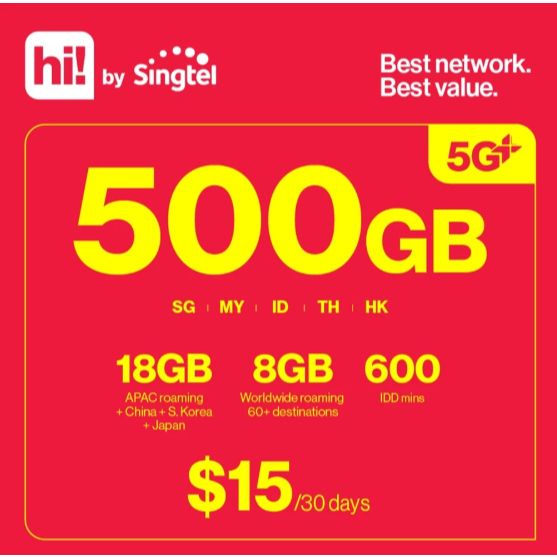 Singtel Prepaid / hi! Plan $15 5G+ Ultimate (28 Days) | 500GB | Roaming ...