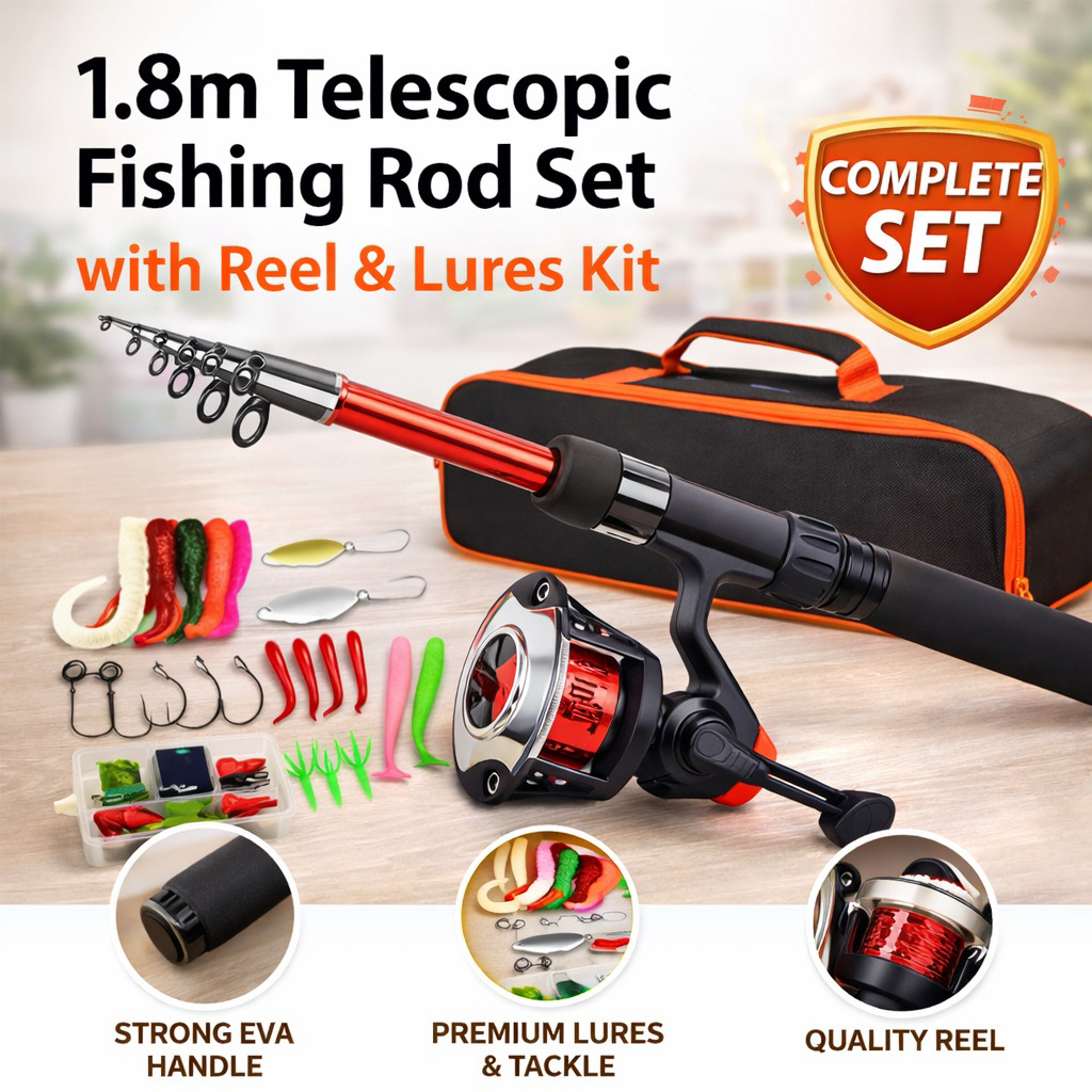 (FOREVER PREMIUM) 1.8m Foldable Fishing Rod Set Reel Sets Casting EVA ...