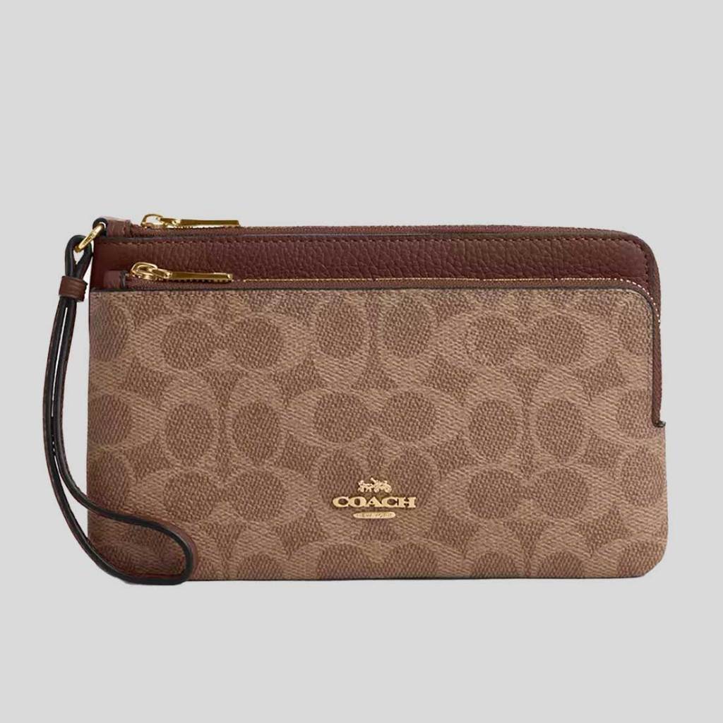 COACH Double Zip Wallet In Signature Canvas Tan/Brown CX161 | Shopee ...