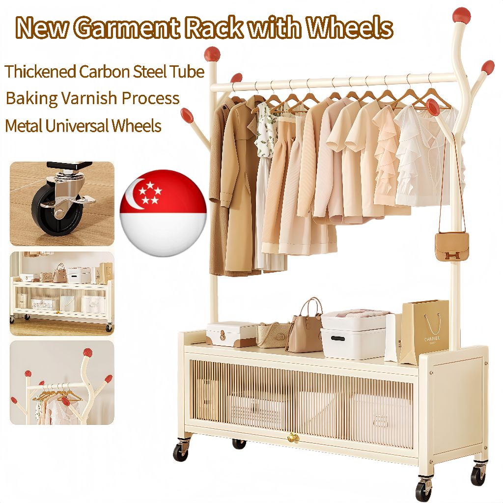 clothes rack with Wheels Metal clothes hanger with storage cabinet ...