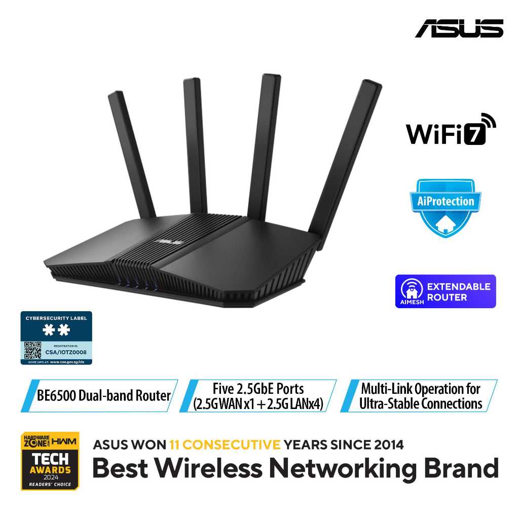 ASUS WiFi 7 RT-BE82U Dual-Band Extendable Router, 4K-QAM, MLO, Five 2 ...