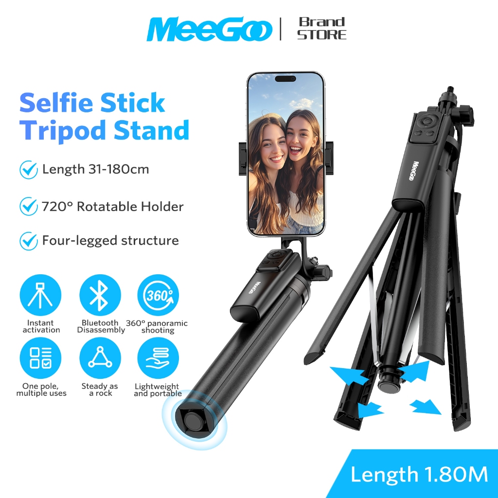 MeeGoo 1.8M Wireless Selfie Stick Tripod Stand Foldable 3 in 1 Hand ...