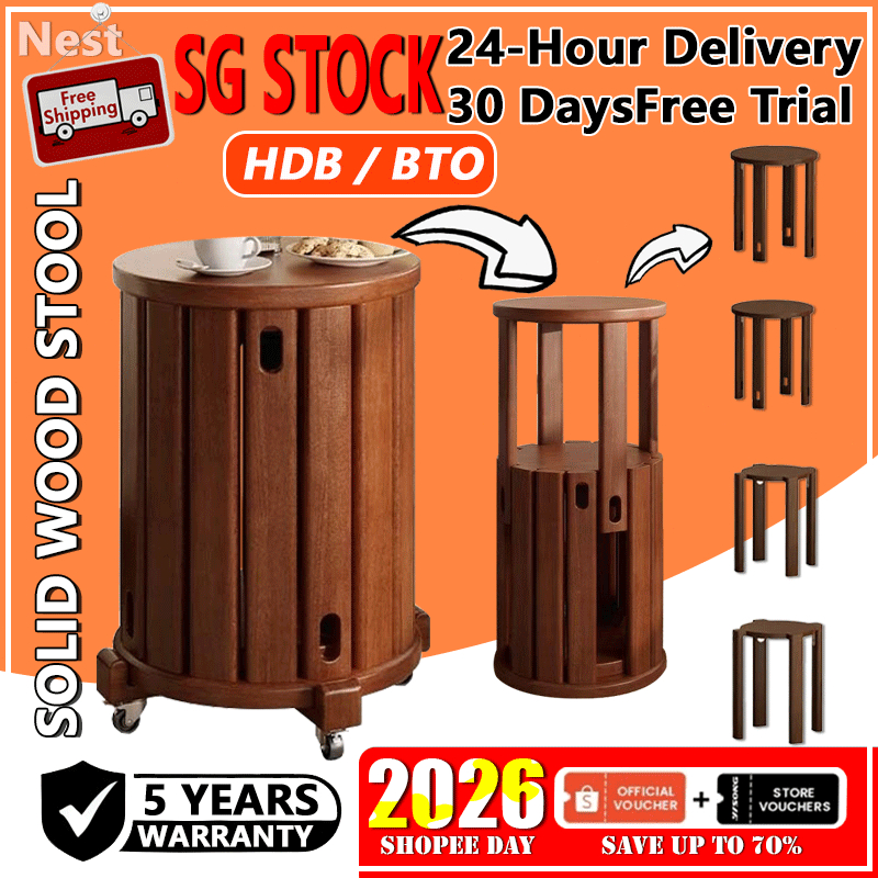 [SG STOCK] Foldable Stackable Wooden Stool Chair with Wheels | Space ...