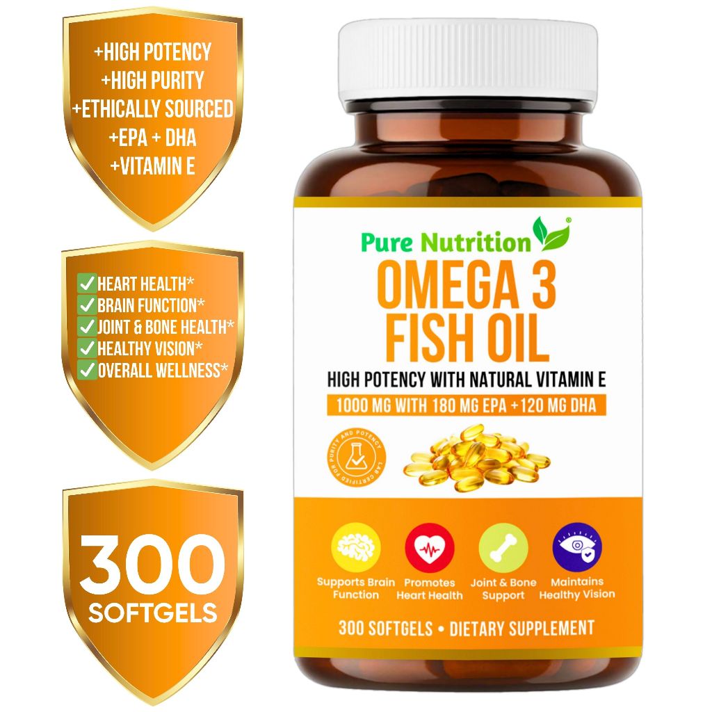 Pure Nutrition® Omega 3 Fish Oil 1000mg | 300 Softgels | EPA 180mg DHA ...