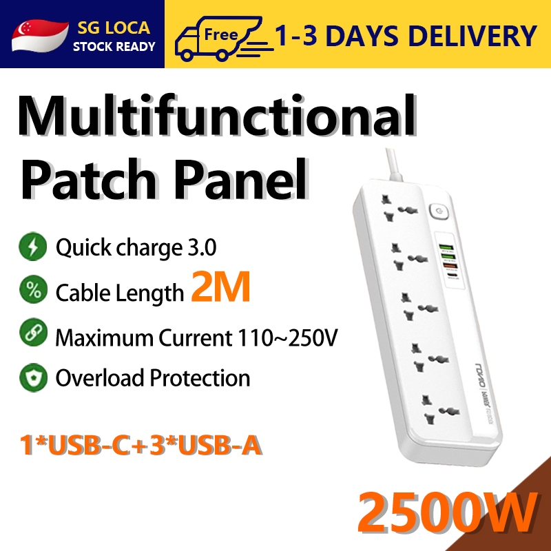 【SG Stock】2500W UK Plug Power Extension Socket - 6 USB Ports Universal ...