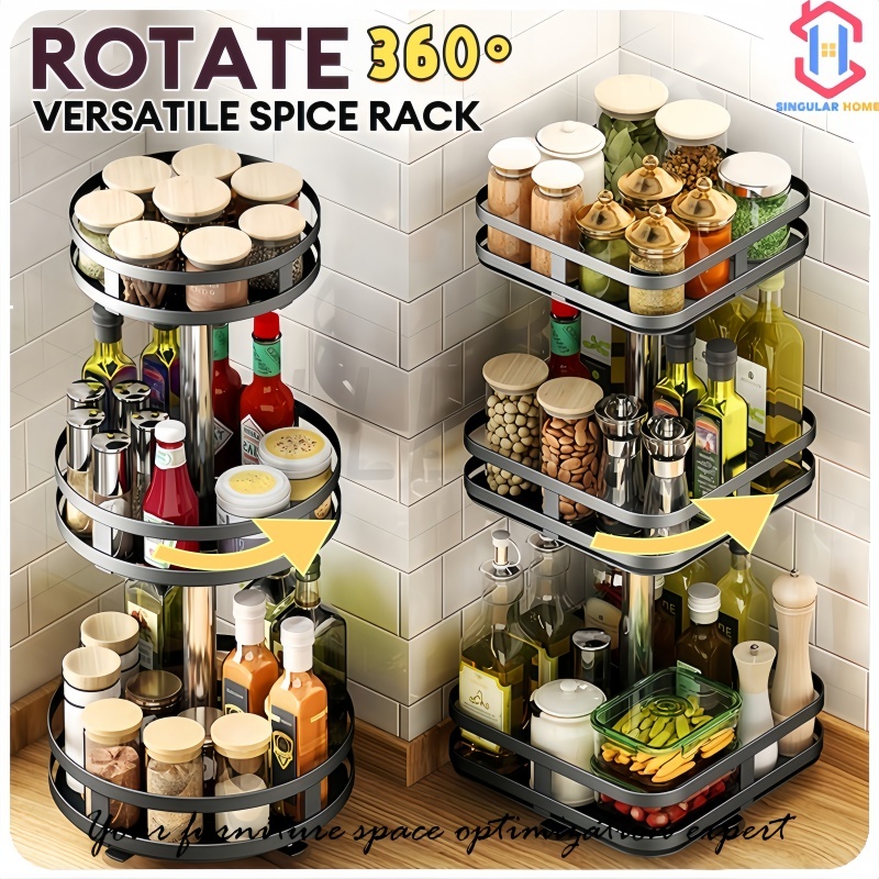 360° Rotating Spice Rack Carbon Steel Kitchen Organizer 2/3 Layer ...