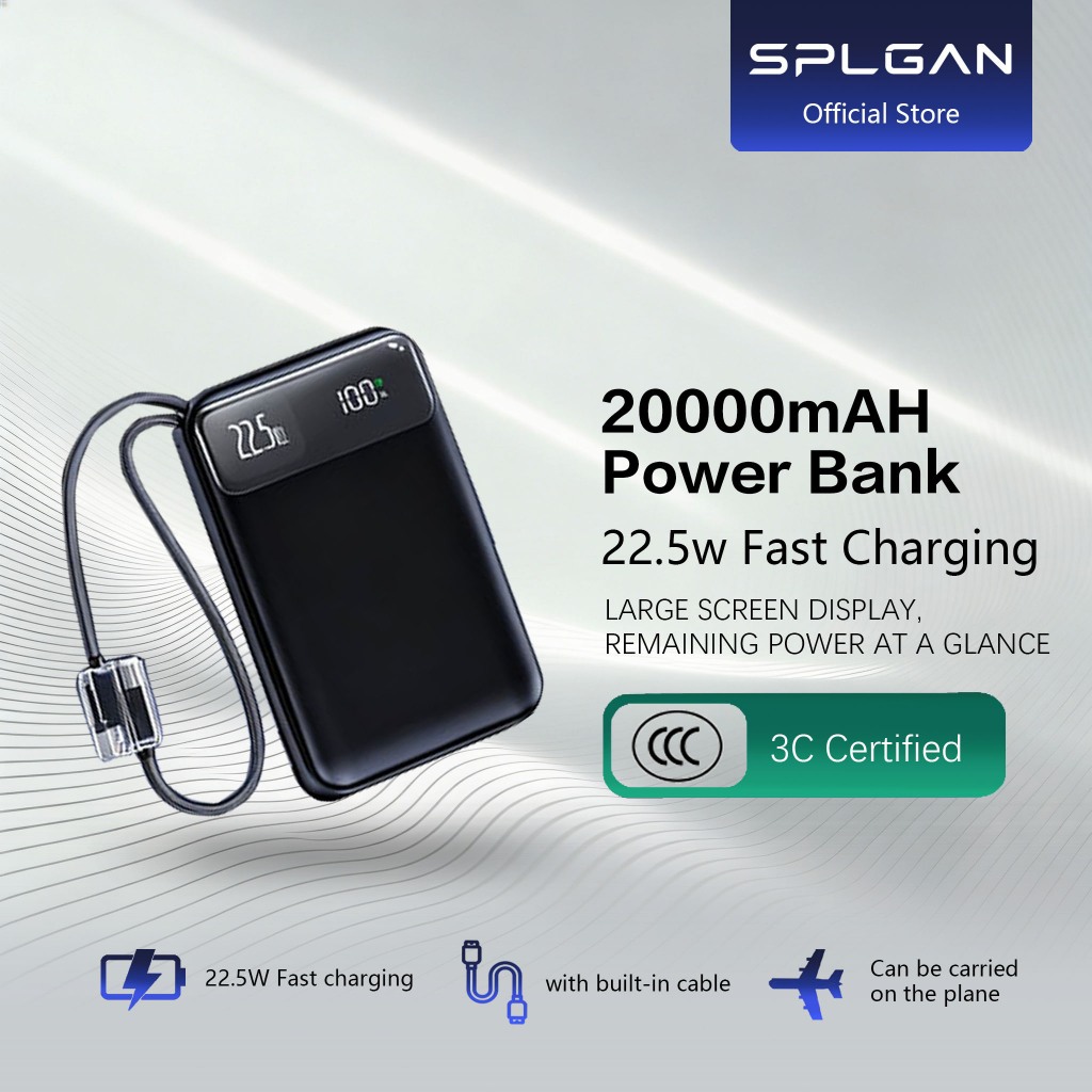 【SPLGAN】22.5W Power Bank 20000mAh Built in cable Fast Charging ...