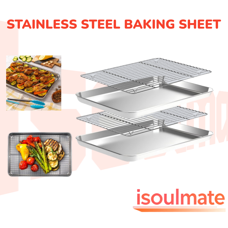 【SG STOCK】Stainless Steel Oven Baking Tray Baking pan with rack set ...