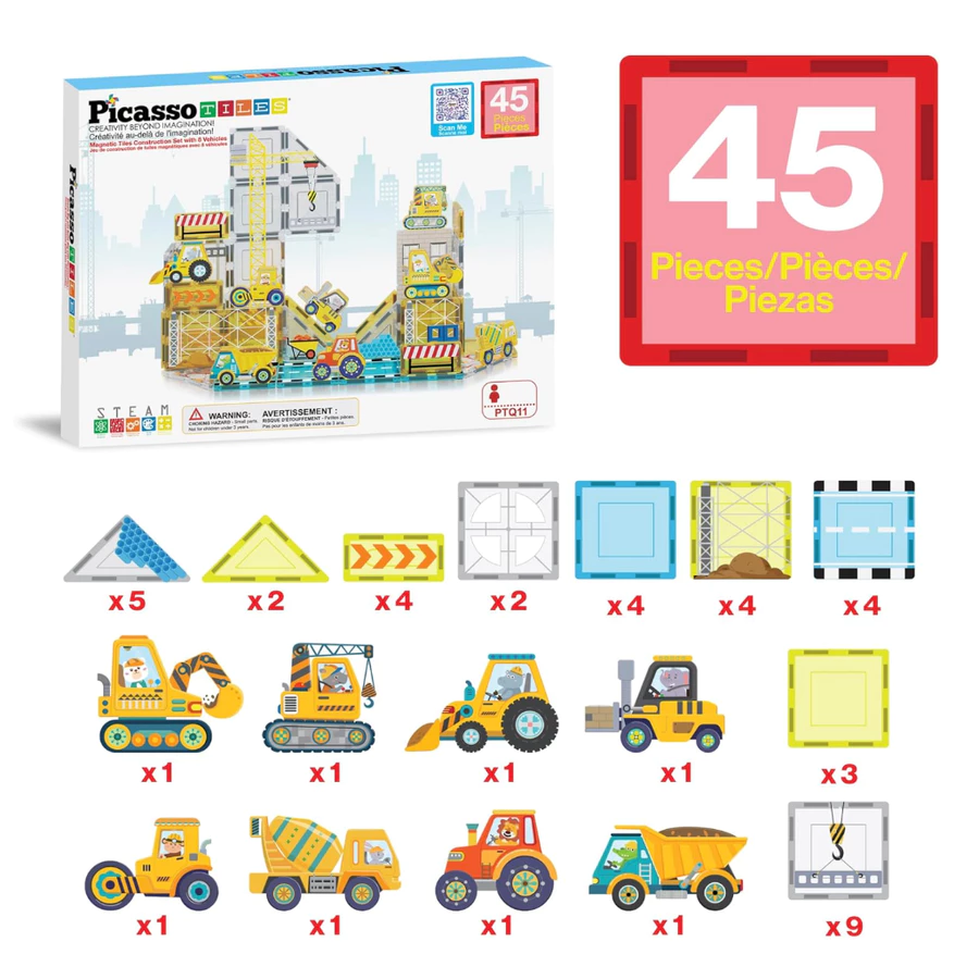 PicassoTiles Construction Set with 8 Characters - Building blocks with construction vehicles and action figures