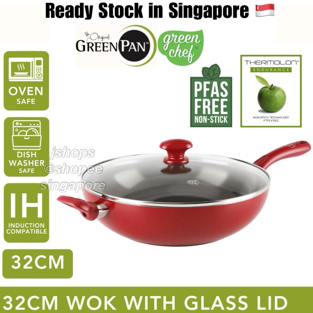 【Ready Stock in SG】GreenPan Greenchef Diamond Red Covered Wok 32cm Wok ...