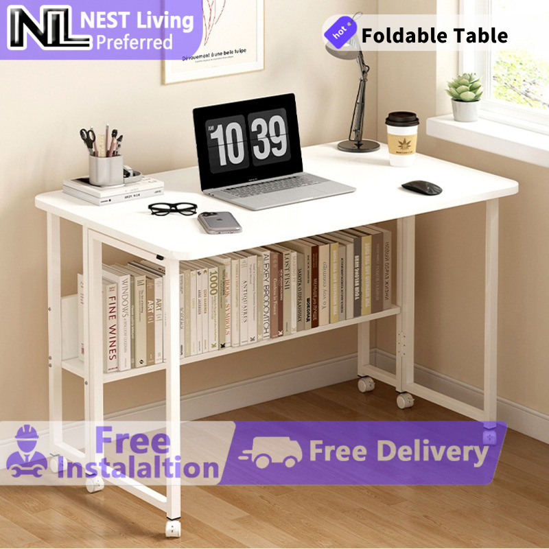 Foldable Study Table with Locking Wheels＆H-Shape Steel Base | Shopee ...