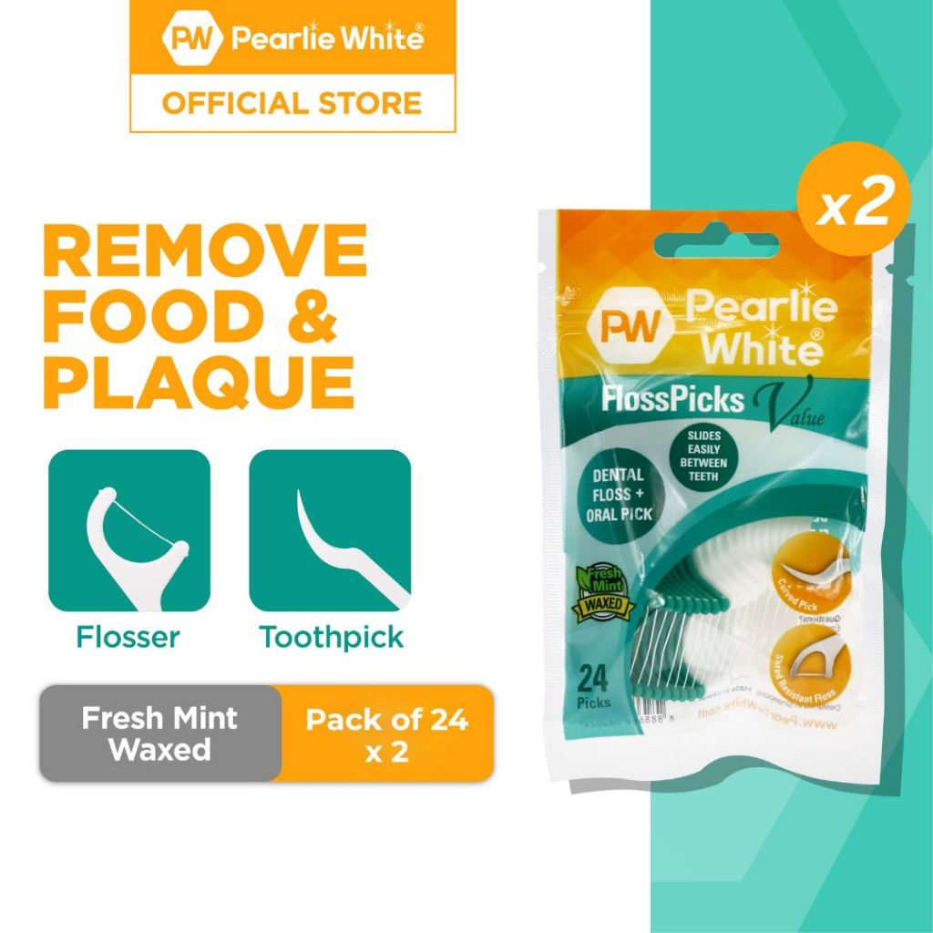 Pearlie White Floss Pick Value 2-IN-1 Waxed Mint Flosser 24pcs (Angled ...