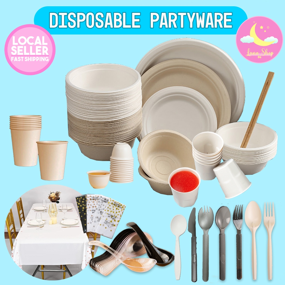 SG SELLER Disposable Partywares PP,Paper Cup Bowl Plate Plastic Spoon ...