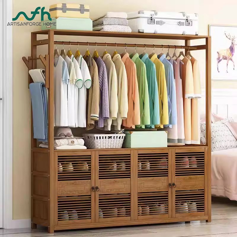 AFH Modern Bamboo Wardrobe Storage Rack Bedroom Floor-Standing Simple ...