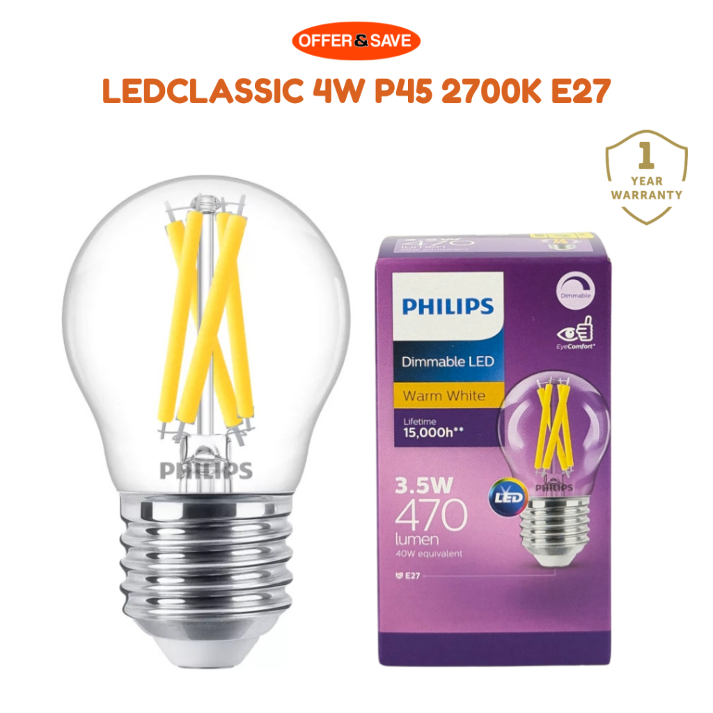 PHILIPS Dimmable LEDclassic 40W P45 2700K E27 D CL AU Philips Light ...