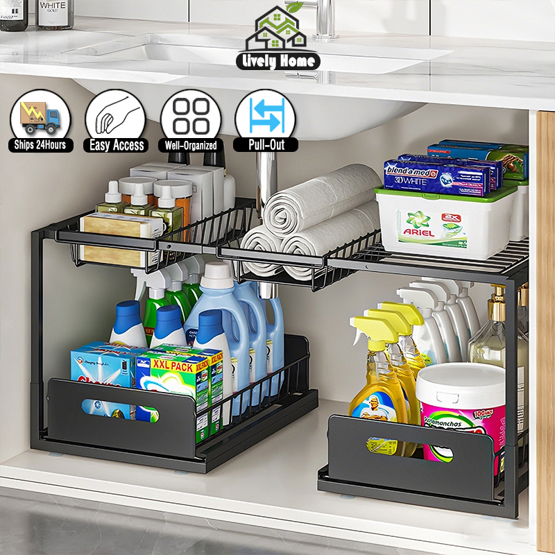 Telescopic Under Sink Organizer - Pull-out Kitchen Space Saving Rack ...
