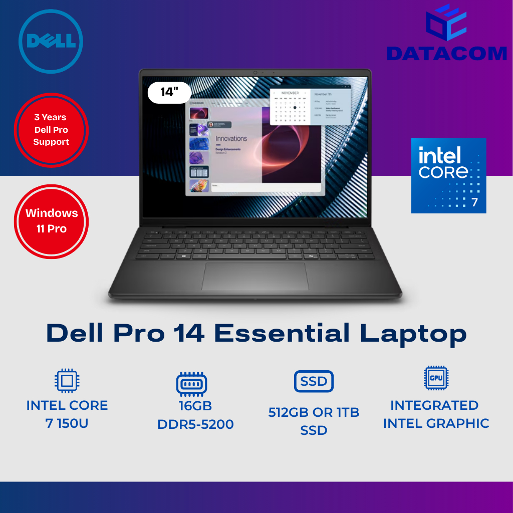Dell Pro 14 Essential Laptop (Core 7 150U 5.40GHz,512GB / 1TB SSD,16GB ...