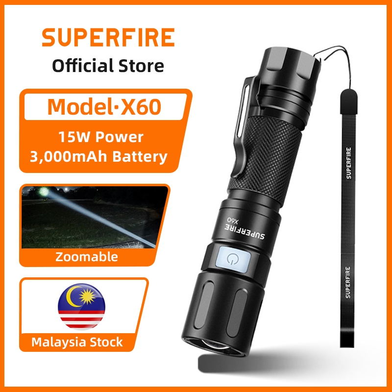 SUPERFIRE X60 15W Zoomable Powerful Flashlight Super Bright 1050 Lumens ...