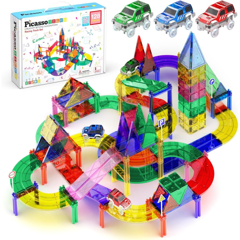 PicassoTiles 128pcs Magnetic Race Car Track Building Block Educational ...