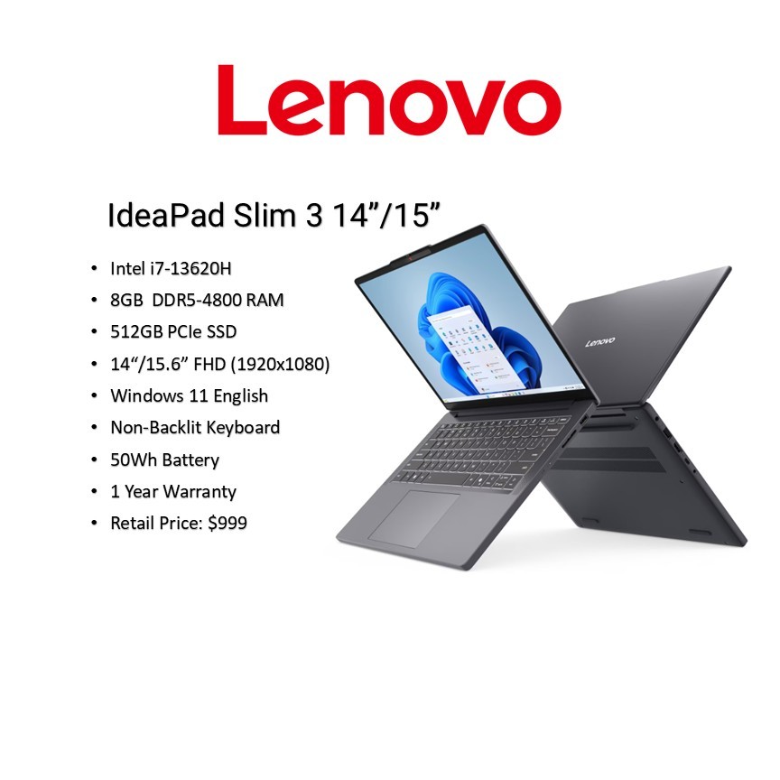 ⭐️❕M867A⭐️ Lenovo i7-13620H NVMe 512 13th Gen i7] Lenovo IdeaPad Slim 3/i7-13620H/8GB/512GB/FHD+ IPS