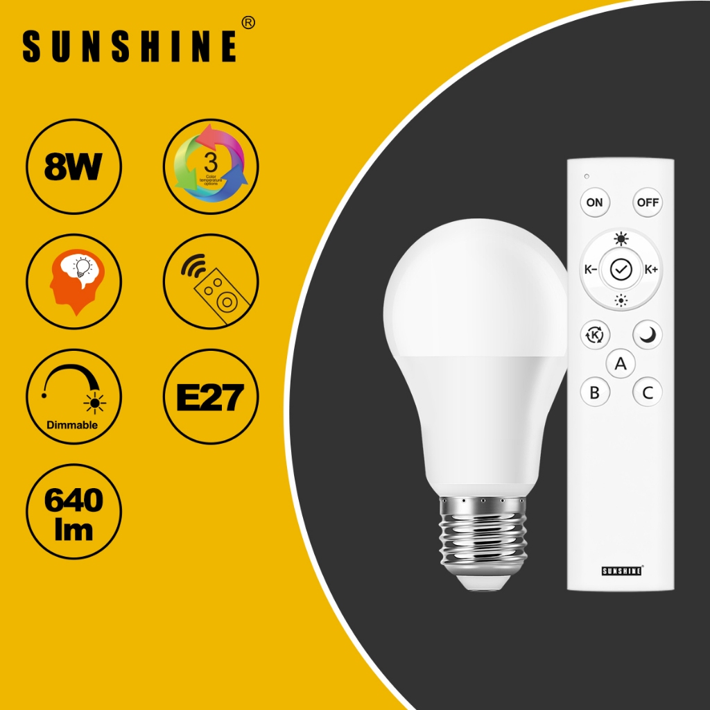 SUNSHINE Remote Control LED Bulb SET 8W E27 Dimming 3 Color-Temp 3000K ...
