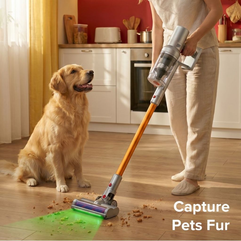 Airbot Hypersonics PRO Detect cordless vacuum cleaning around pet hair