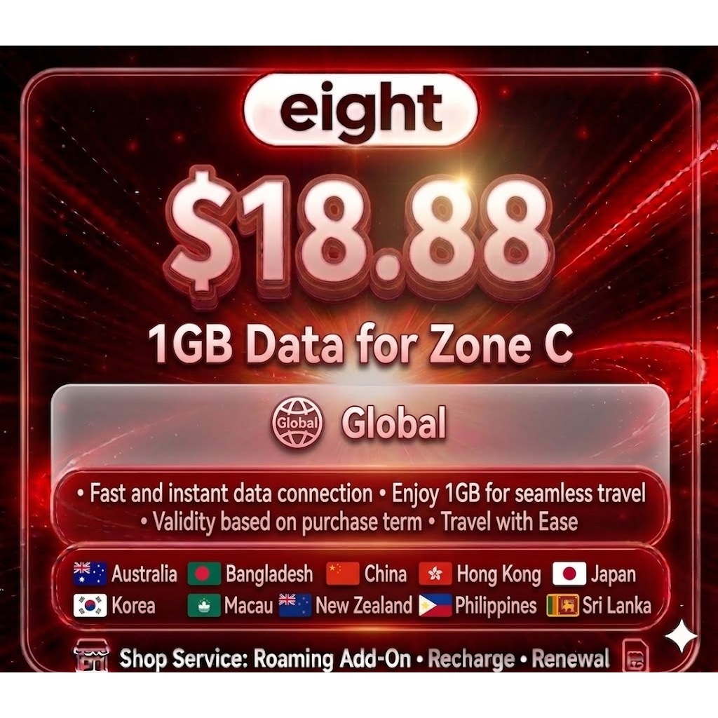 Eight Telecom Roaming Add-On – 1GB Data for Zone B ($8.88), Zone C ($18 ...