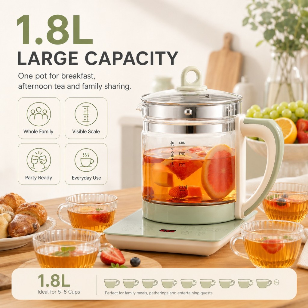 （SG）1.8L Electric Glass Teapot 24 Preset Menus Multi Function Kettle ...