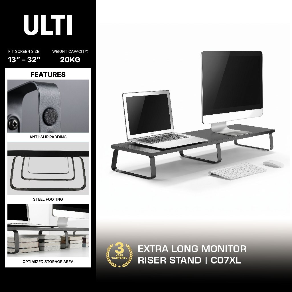 ULTI Extra Long Monitor Riser Stand, Wood & Steel Desktop, Ergonomic ...