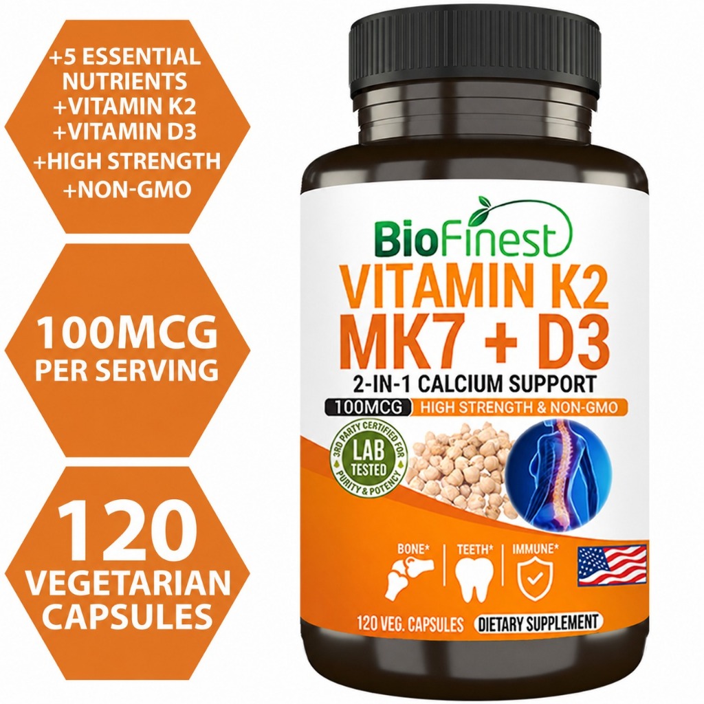 Biofinest Vitamin K2 Mk7 + D3 Supplement – Vitamin D K Complex Calcium Fast absorption – Bone Teeth Heart Health (120s)