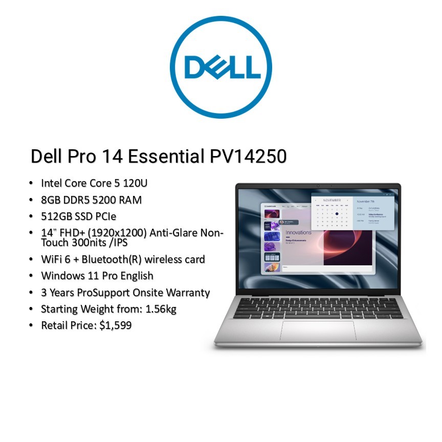 [Free Office+Brand New] Dell Pro 14 Essential PV14250| Core 5 120U| Int ...