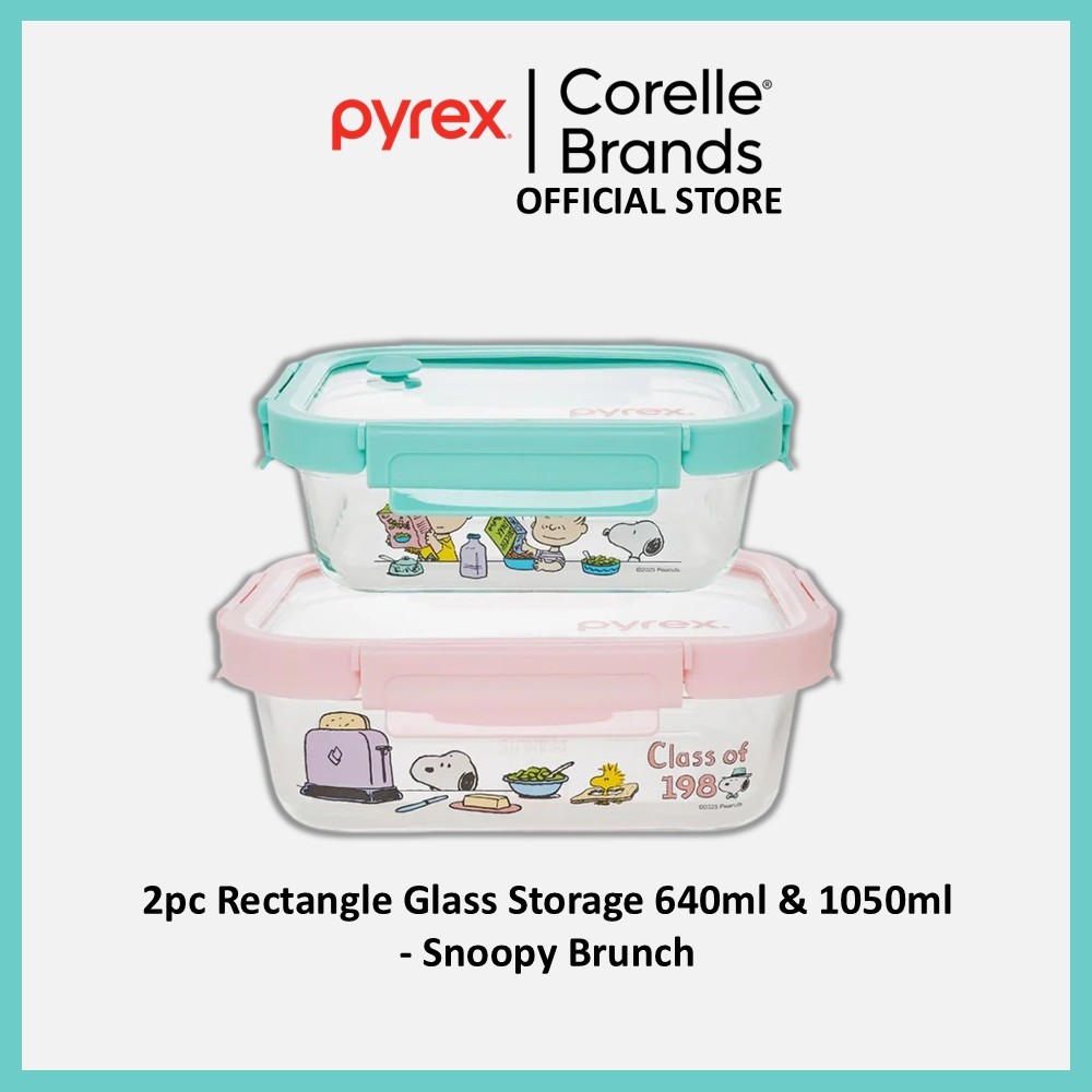 PYREX 2pc Rectangle Glass Storage 640ml & 1050ml - Snoopy Brunch