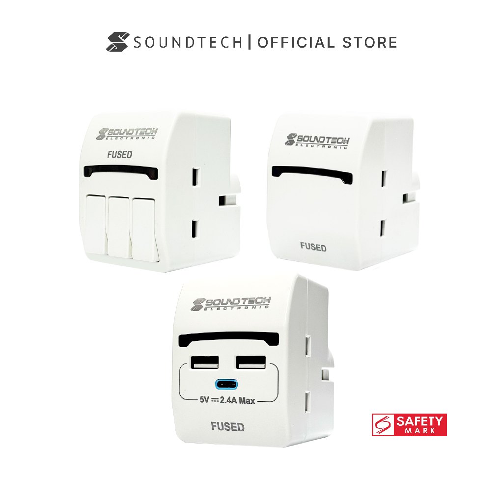 SOUNDTECH 3 Way Multiway Adaptor Plug In With USB-A USB-C/ Individual ...